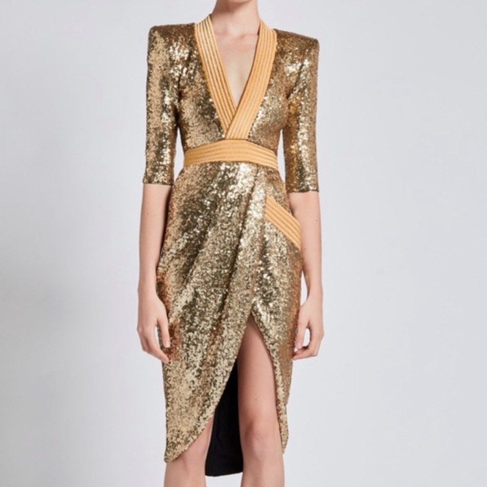 NWT new Zhivago Eye of Horus gold sequin midi v-neck dress sz 4 asymmetrical
